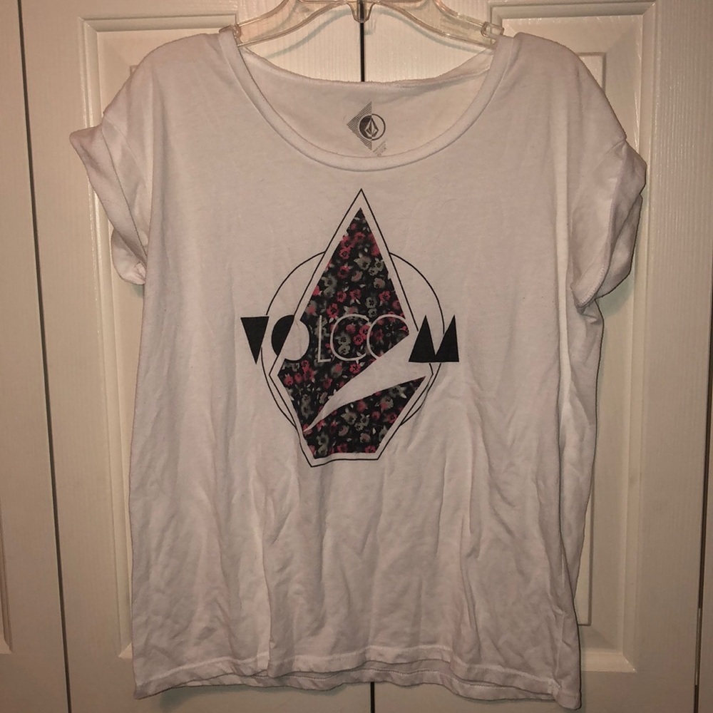 Volcom White Floral Piece Roll-Sleeved Tee